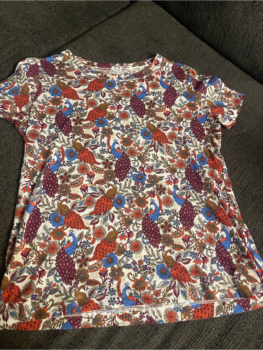 Women’s Floral & Bird Print Short Sleeve Top - White with Blue, Orange & Purple